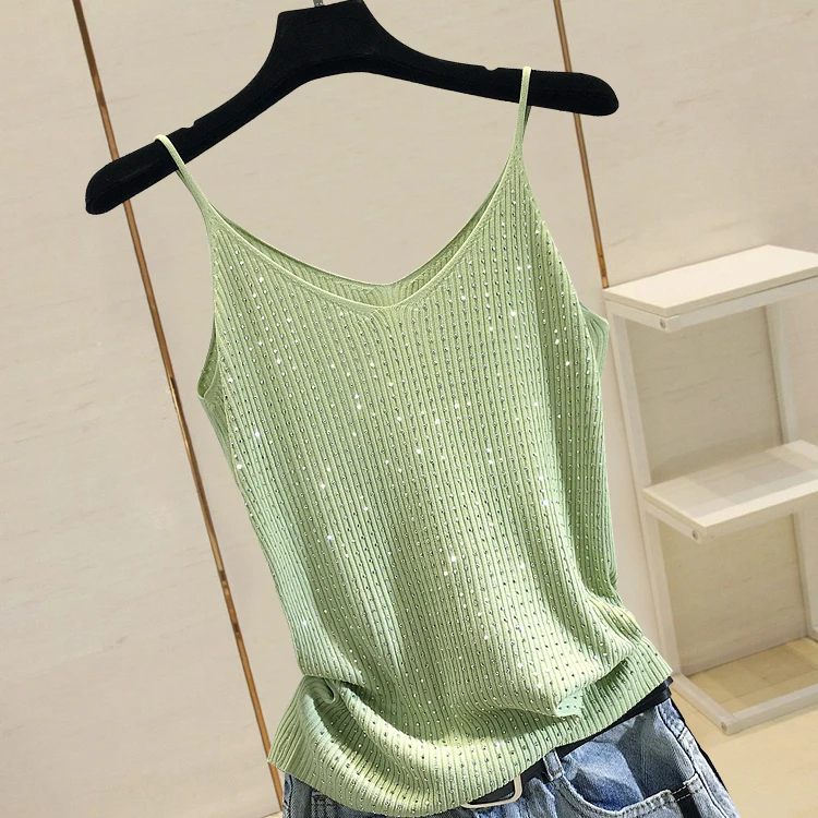 Summer wear sweater, sleeveless sexy base v neck ice silk hot drilling camisole