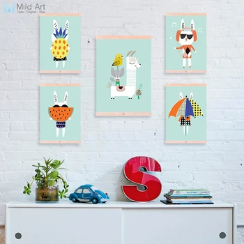 

Kawaii Summer Rabbit Llama Pineapple Posters Hanger Nordic Kids Room Decor Cartoon Scroll Wall Art Wooden Framed Canvas Painting