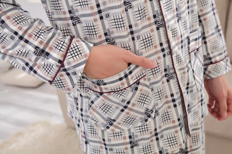 Мужские весенне-осенние пижамные комплекты из хлопка, Мужская пижама клетчатая одежда высокого качества с длинными рукавами, вязаная домашняя одежда