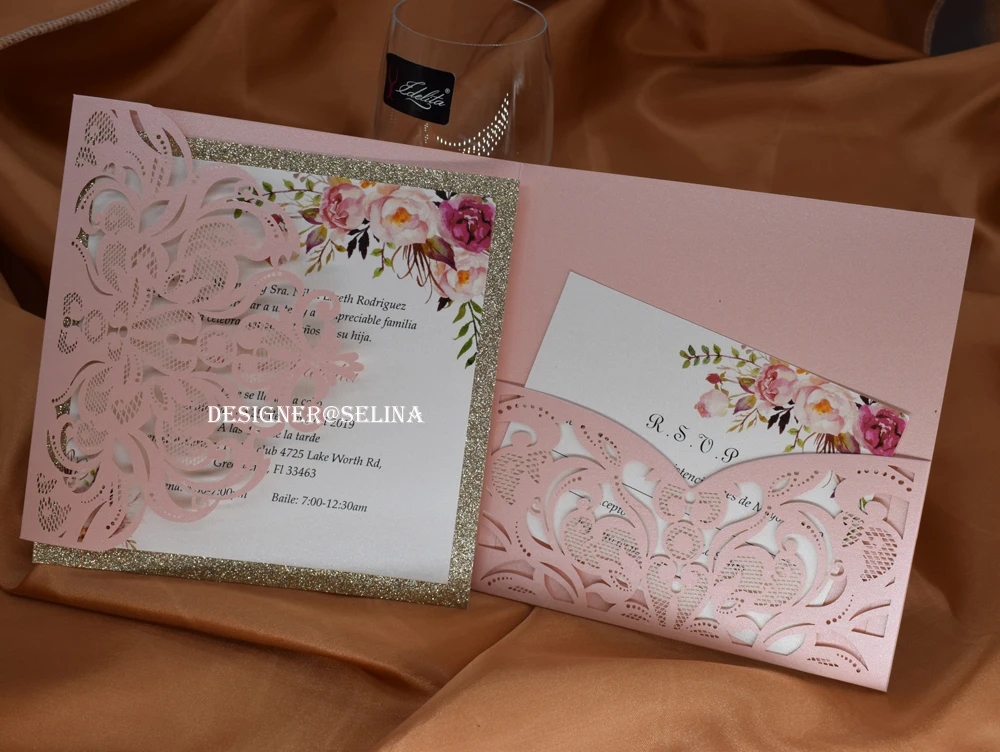 Румяна, розовое золото, блеск, кинчанера приглашения с RSVP лазерная резка сладкий 15 сладкий 16 свадебные приглашения французский тема