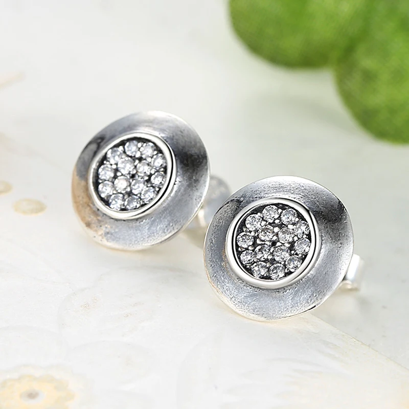 Authentic 925 Sterling Silver Signature Round Women Stud Earrings With