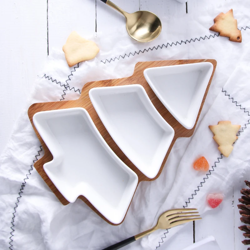 Creative ceramics and bamboo and wood 3 pieces of Christmas tree shaped