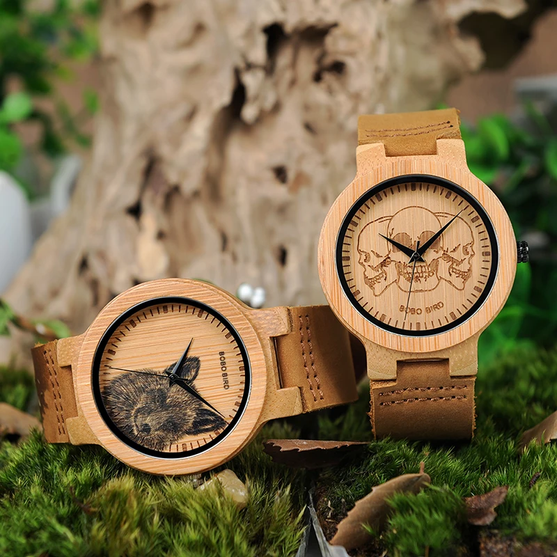 BOBO BIRD Simple Bamboo Watches 3D Print Icon Men Quartz Wristwatch with Leather Strap