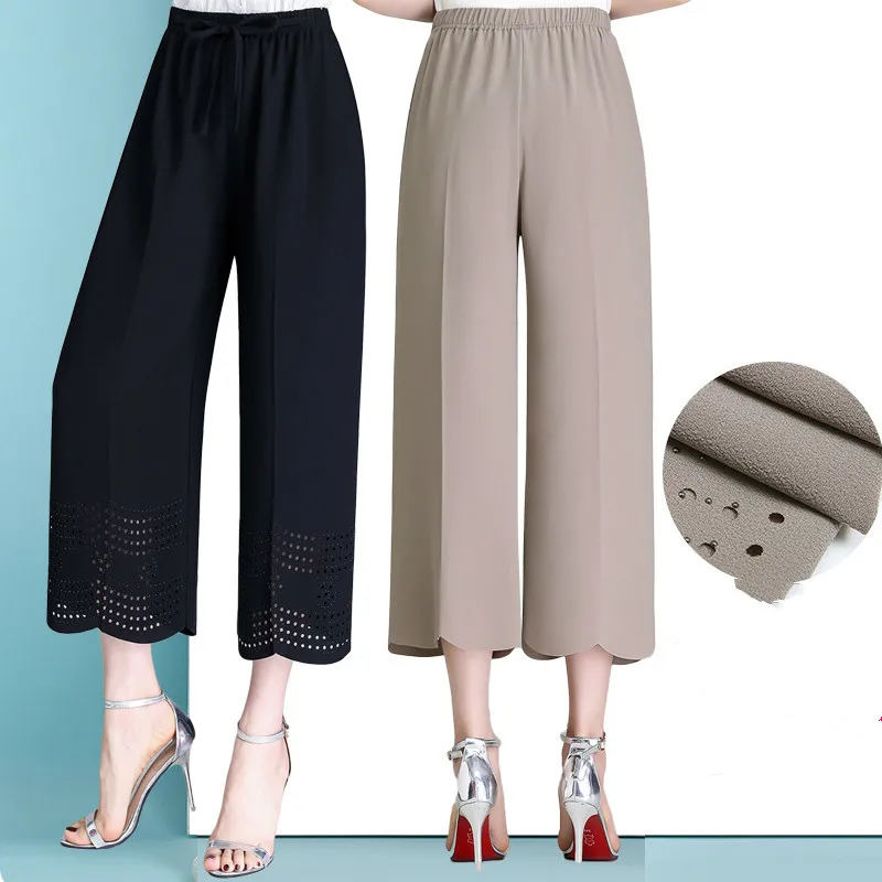 

2019 Summer Capri Pants Plus Size Capris For Women Elastic Waist Chiffon Stretch Wide Leg Pants Capris Trousers Pantalon Femme