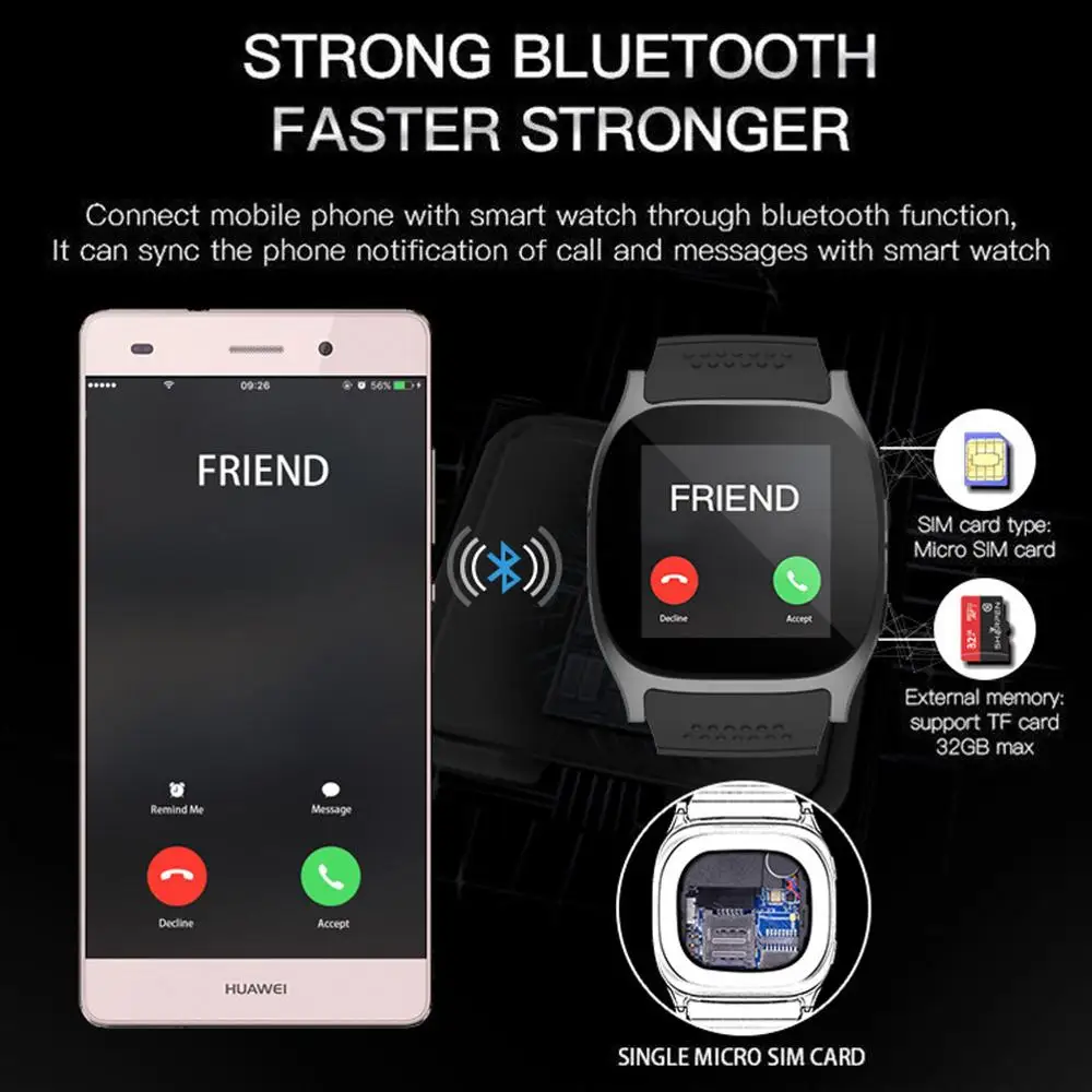 T8 Bluetooth спортивные умные часы с камерой Whatsapp поддержка SIM карты TF звонки для