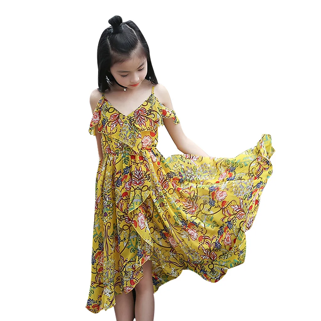 

Summer New Fashion Kids Teen Children Girls Floral Ruffles Off Shoulder Bohemia Mid Beach Dress Clothes Wholesale Free Ship Z4