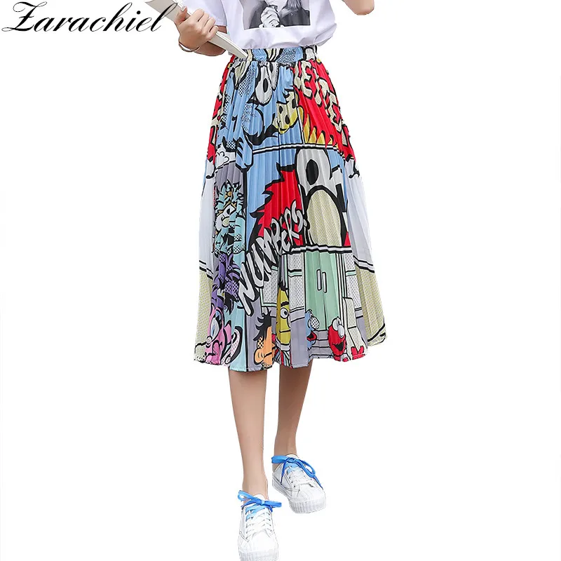 

European Cartoon Pattern High Elasticity Waist Pleated Skirt 2019 Summer New Fun Print Long Mid-Calf Jupe Femme A-line Skirts