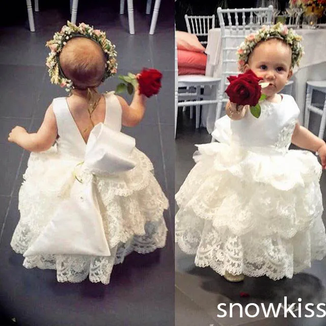 

Vintage white/ivory lace infant baptism baby girl christening gowns with bow ankle length first communion dresses for girls