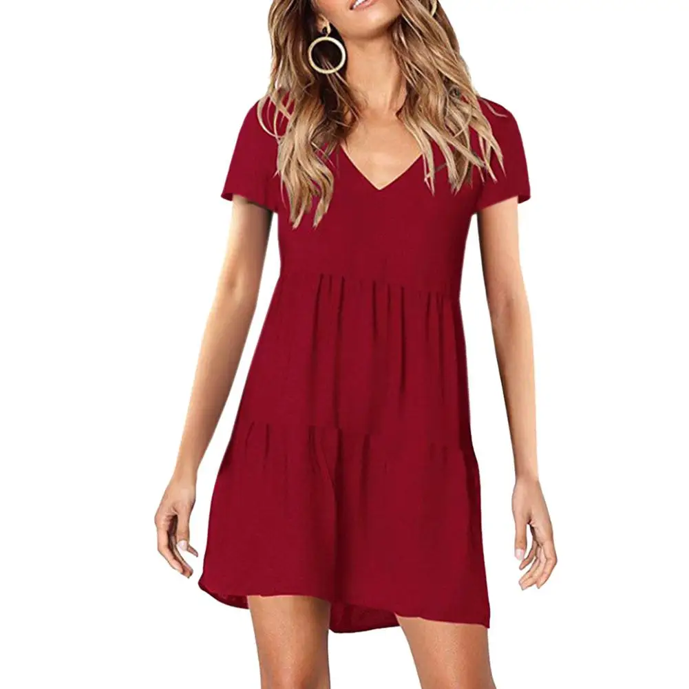 

2019 New Yfashion Women V Collar Short Sleeve Pleated Dress Top Selling