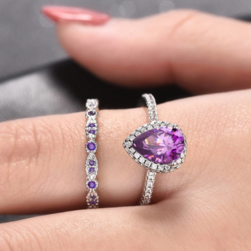 

2019 2Pcs/Set Crystal Luxury Purple Stone Rings For Women Sliver Color Wedding Engagement Rings Jewelry