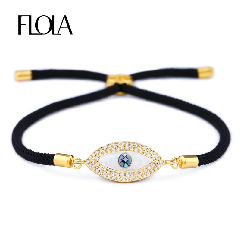 

FLOLA Turkish Gold Evil Eye Bracelet for Woman CZ Zircon Shell Eye Handmade Black Rope Man Bracelet Jewelry Gift Pulseira brta87