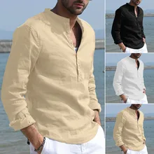 Мужская рубашка мешковатые хлопковые льняные однотонные ретро рубашки с длинными рукавами и пуговицами повседневные топы с стоячим воротником Блузка рубашка Camisa Hombre