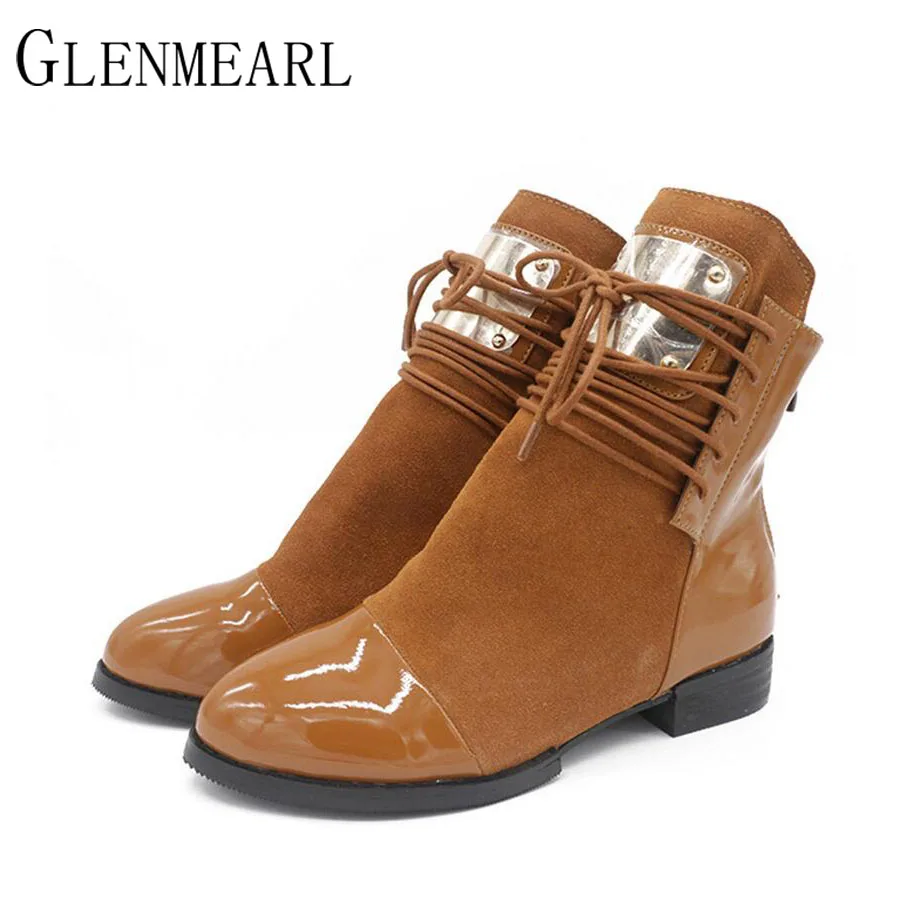 

2019 Winter Ankle Women Boots Genuine Leather Square Heel Lace-up Low Fashion Sequined Short Boots Shoes Large Size ZK 1.5