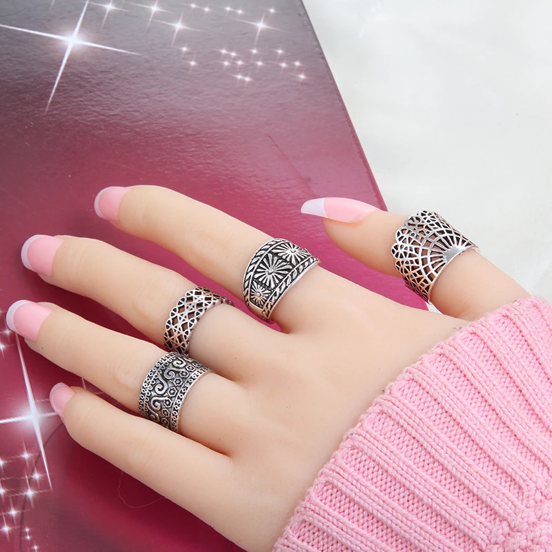4PCS Ethnic Vintage Antique Silver/Gold Rings Set Women Bohemian Retro