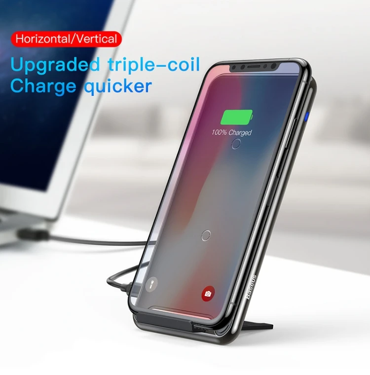 

BASEUS Three-Coil Quick Qi Wireless Charger Pad 10W Fast Charging With Desktop Holder For iPhone XS Max X 8 Samsung Note 9