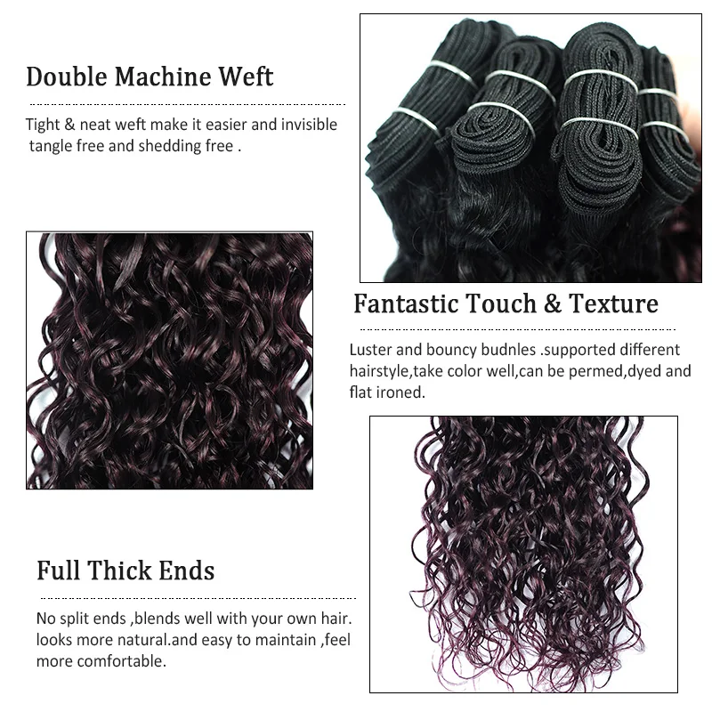 Dark Purple Ombre Brazilian Water Wave Bundles With Closure Human
