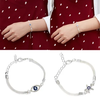 

Charm Silver Chain Women Elegant Bracelet Blue Evil Eye Starfish Silver Plated ECG Round Hollow Bracelet & Bangle Jewelry