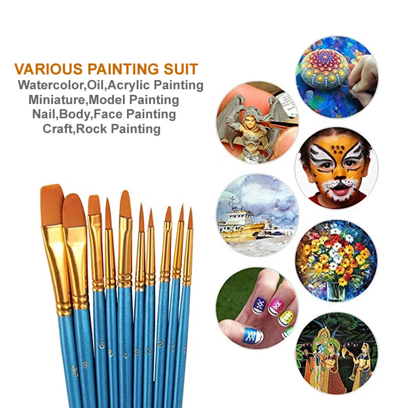 10pcs Artist Nylon Painting Brushes Set For Body Paint Watercolor Acrylic And Oi