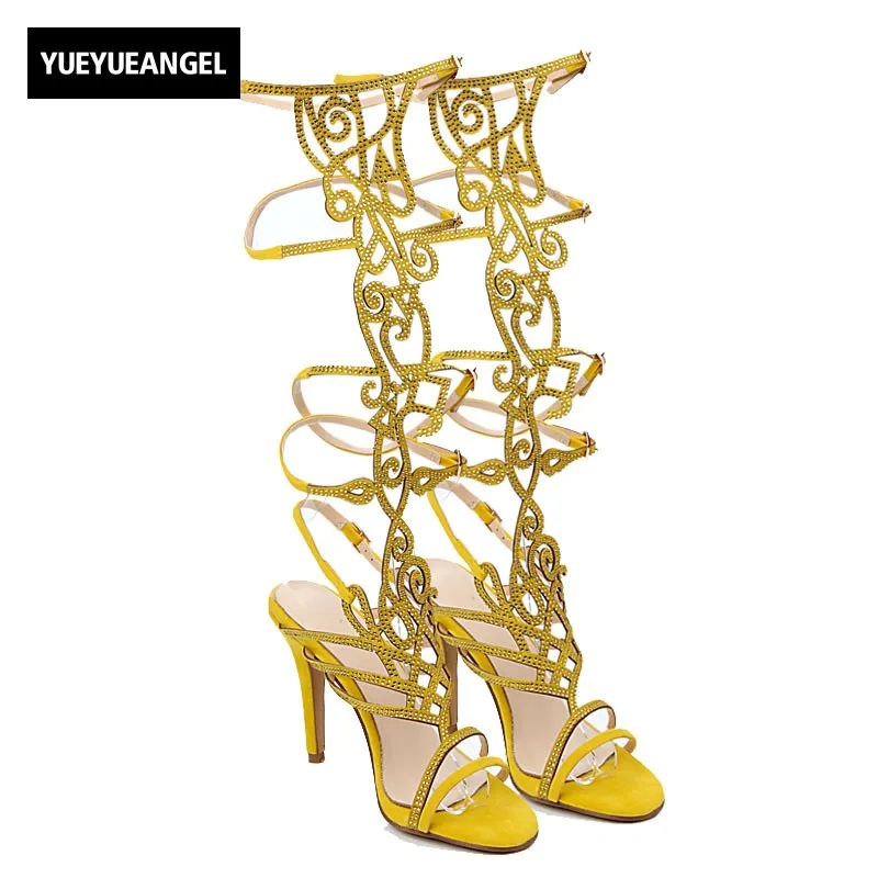 

2018 New Summer European Women High Heel Sandals Sexy Night Club Hollow Out Crystal Ladies Botas Buckle Strap Gladiator Shoes