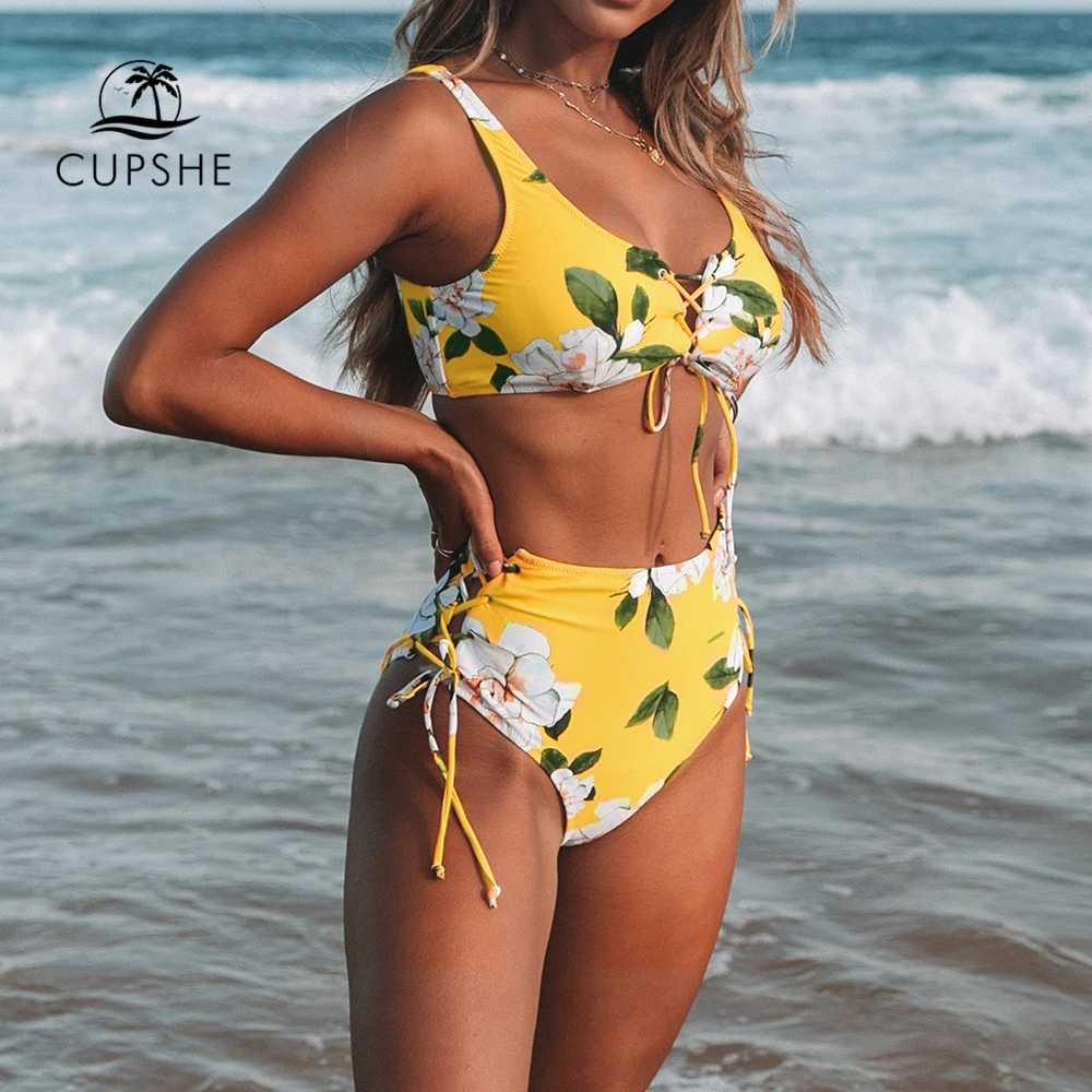 Günstige CUPSHE Gelb Floral Print Bikini Sets Frauen Hohe Taille Spitze Up Zwei Stücke Badeanzüge 2020 Mädchen Sexy Strand Badeanzüge