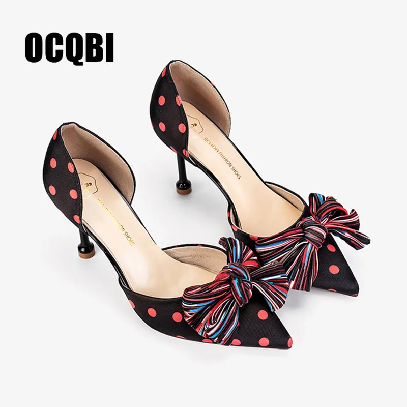 Elegant Girls' Cotton Farbic Sandals High Heels Women Bowknot Polka Dots Summer Female Sexy Stiletto High Heels Bridesmaid Shoes