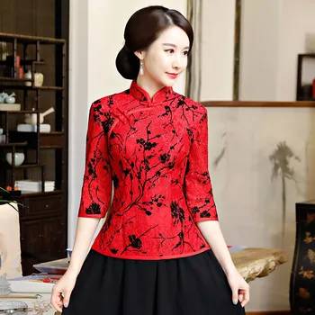 

Chinese Red Printed Women Wedding Clothing Elegant Lace Party Evening Shirt Traditional Vintage Female Mandarin Collar Blouse