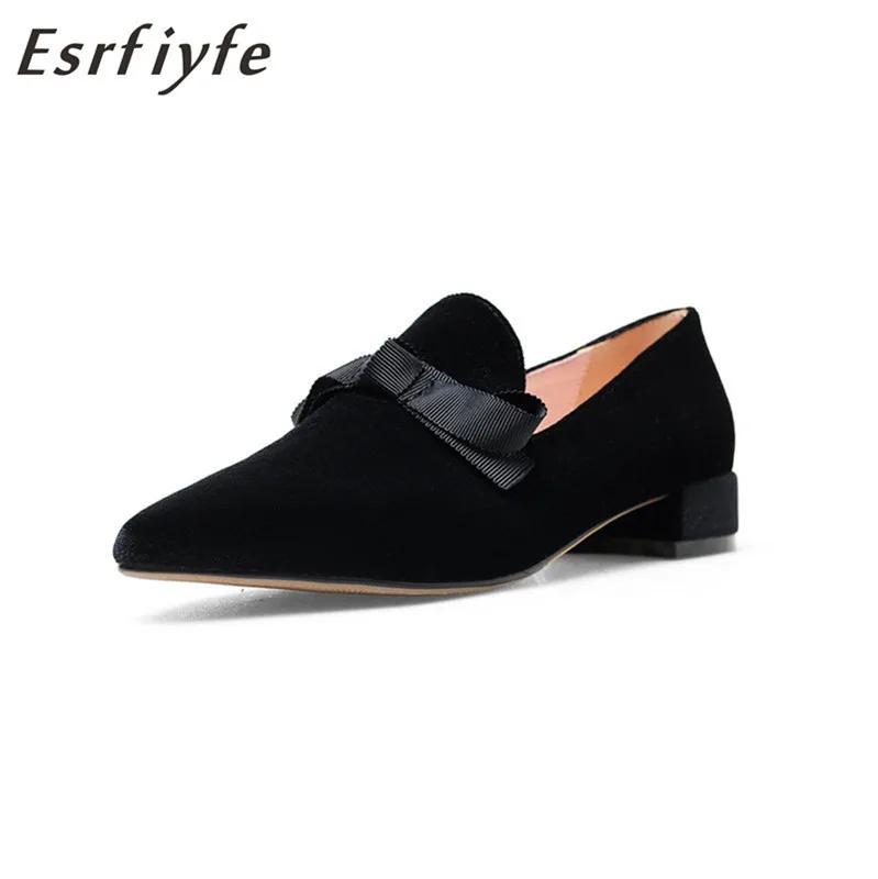 

ESRFIYFE 2O19 New Women Thick High Heels Pointed Toe Pumps Sweet Lady Spring Autumn Flock Shoes Woman TPR Single Party Shoes