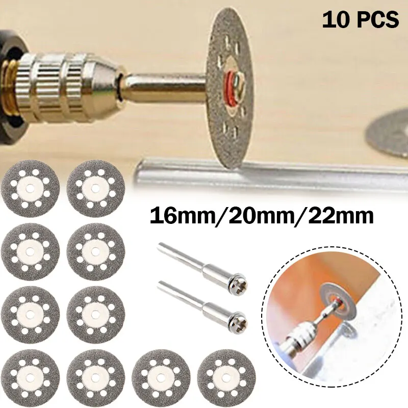 

10pcs/set 16/20/22mm Mini Diamond Saw Blade Silver Cutting Discs with 2X Connecting Shank for Dremel Drill Fit Rotary Tool