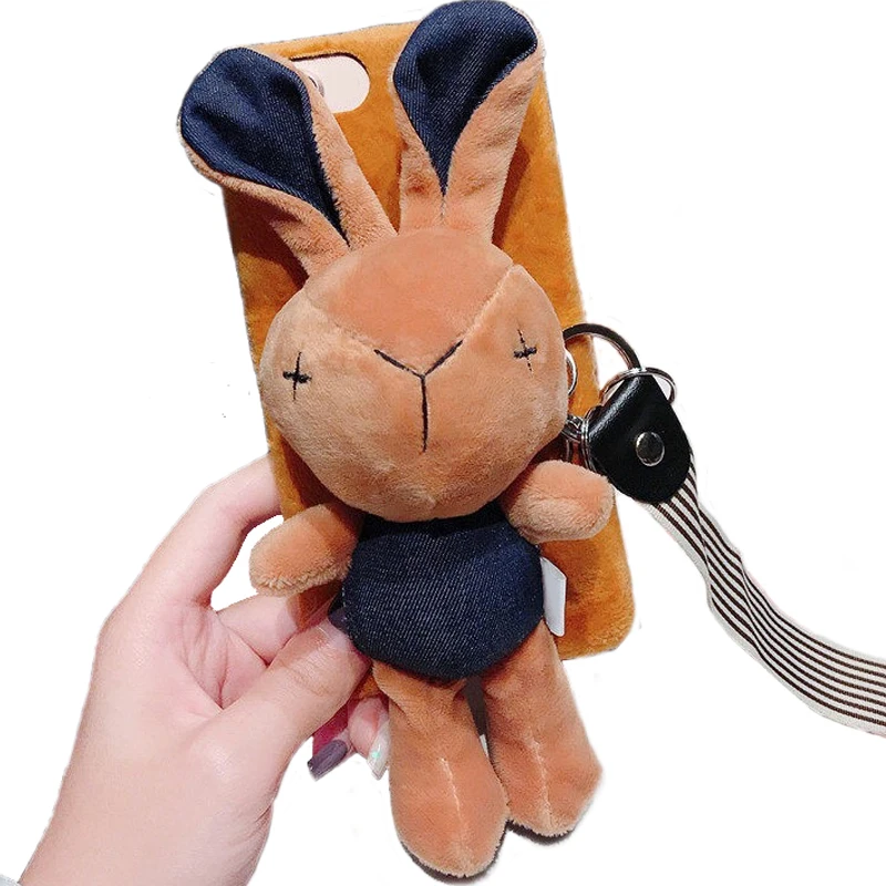 

Cartoon Doll Toy Rabbit Phone Case, 3d Cute Stripes Plush Strap Kawaii Soft Cover with Bracket Stand for iPhone 7 8 Case Cover