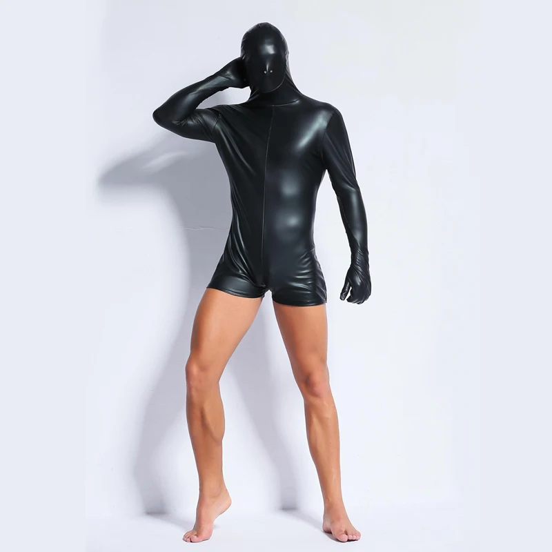 Top Quality Male Faux Leather Bodysuit Enclosed Headgear Glove Mens