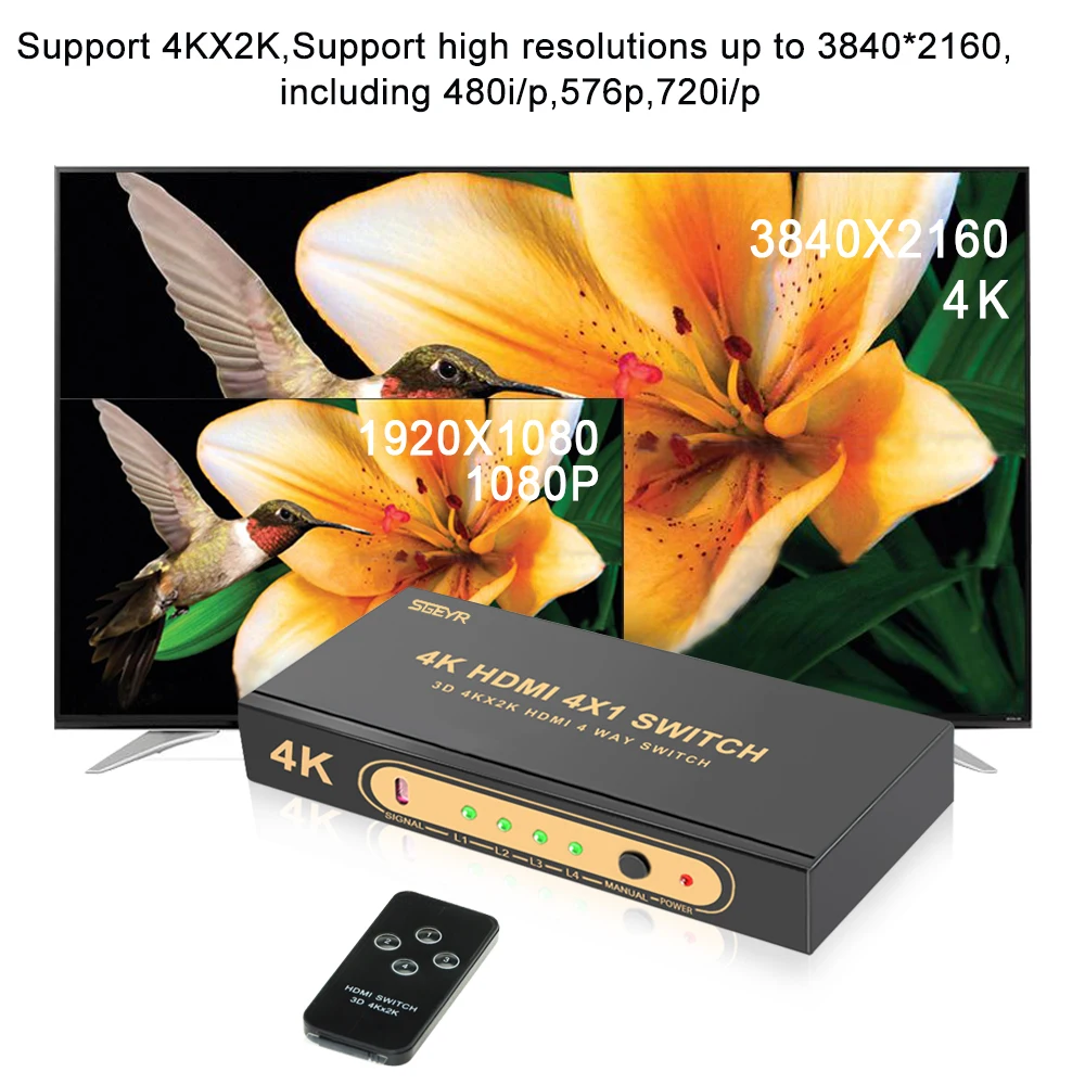 SGEYR 4 порта HDMI переключатель сплиттер 4x1 HDMI коммутатор 4k x 2K 4 в 1 поддержка 4K x 2K 1080p 4K с ИК дистанционное управление, разъем HDMI адаптер