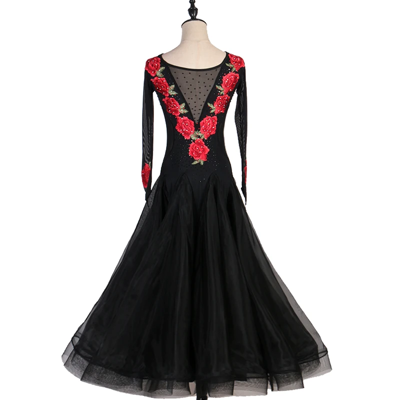 Латино танцевальный зал состязание платье Черное длинное танцы вальса платье для взрослых профессиональное западное классическое танцевальное длинное платье