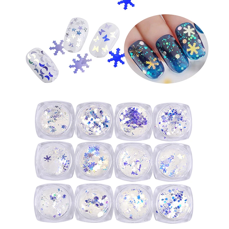 

1 Box Nail Glitter Flakes Sparkly 3D Blue Sequins Snowflake Star Spangles Polish Manicure Nails Art Decorations holographic