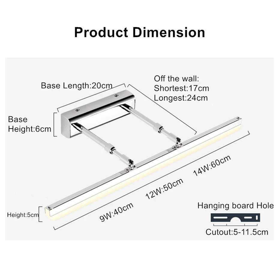[DBF] Регулируемый по длине 40 см 50 см 9 Вт 12 Вт светодиодный зеркальный светильник из нержавеющей стали AC85-265V современный настенный светильник для ванной комнаты