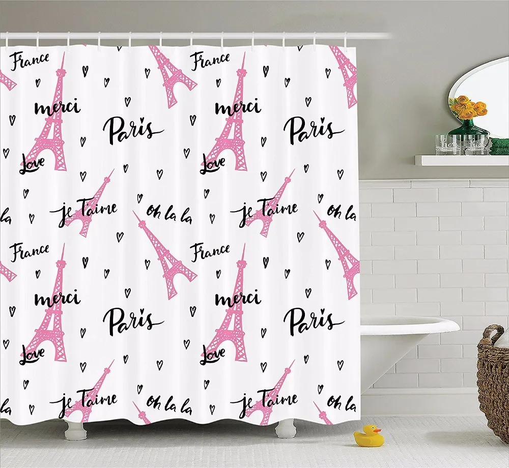 

High Quality Arts Shower Curtains France Paris Eiffel Towers And Hearts Bathroom Decorative Modern Waterproof Shower Curtains