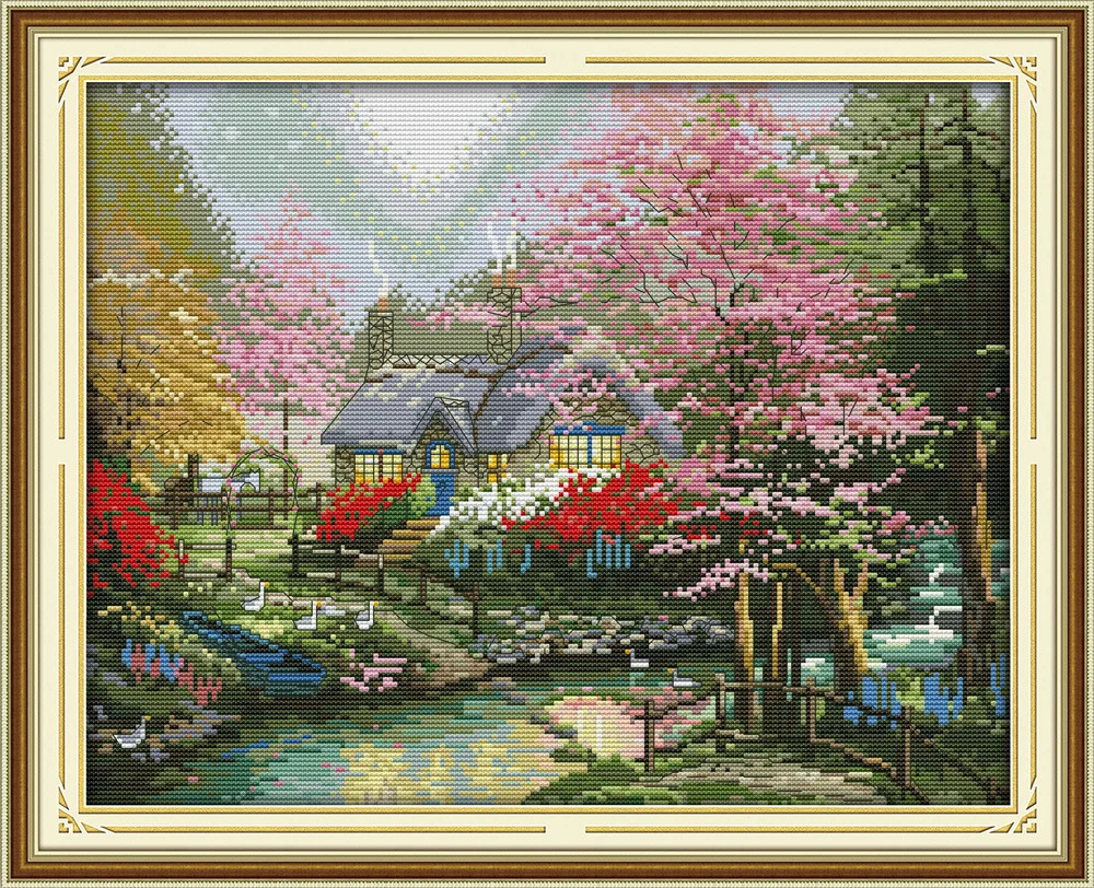 

The beautiful stream side cottage Canvas DMC Counted Cross Stitch Kits printed Cross-stitch set Embroidery Needlework