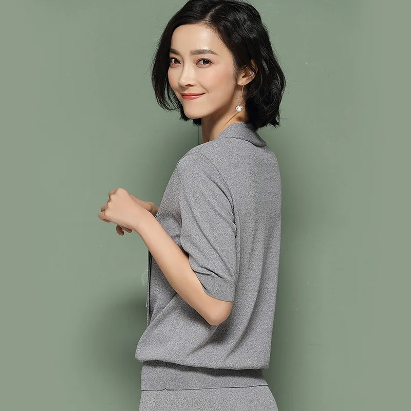 Spring Summer Casual Knitted Solid Color Pullover Butterfly Collar Patchwork Loose Short Sleeve Women Sweater XZ297