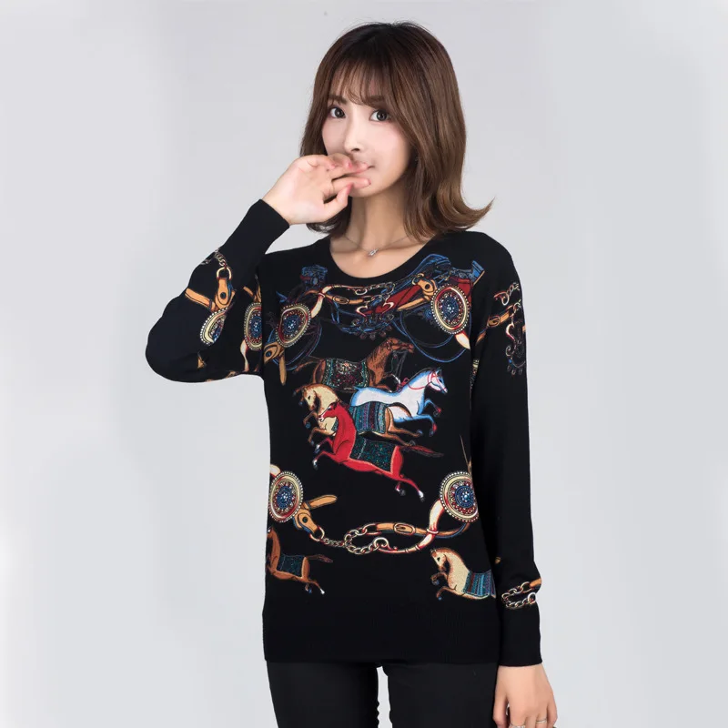 Winter Runway Sweater Women Luxury Brand Design Elegant Long-sleeve Loose Printed Sweater Knitted Pullovers Tops Feminino New
