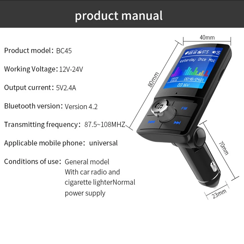 Bc45 ЖК-дисплей беспроводной Bluetooth fm-модулятор передатчик аудио Mp3 плеер Громкая связь автомобильный комплект авто Mp3 плеер