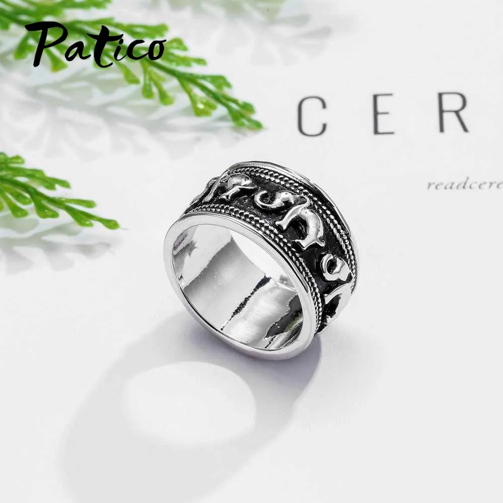 PATICO Fashion Animal Elephant Round Finger Rings Wide 925 Sterling Silver Wedding Band Rings For Women Men Lover Party Gifts