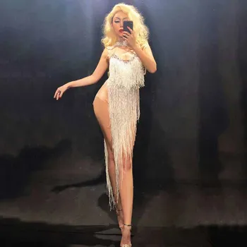 

Glisten Rhinestones Stretch Sexy tassel Bodysuit Silver Long Tassel Costume Women's Celebrate Dance Wear Luxurious Outfit DJ263