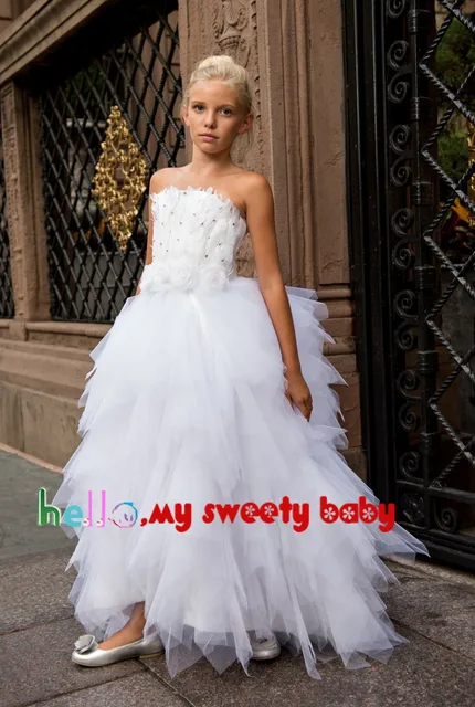 Cheap White Little Flower Girls' Dresses Strapless Feather Crystal Ruffle Tulle Ankle Length Cute Little Girls Dresses