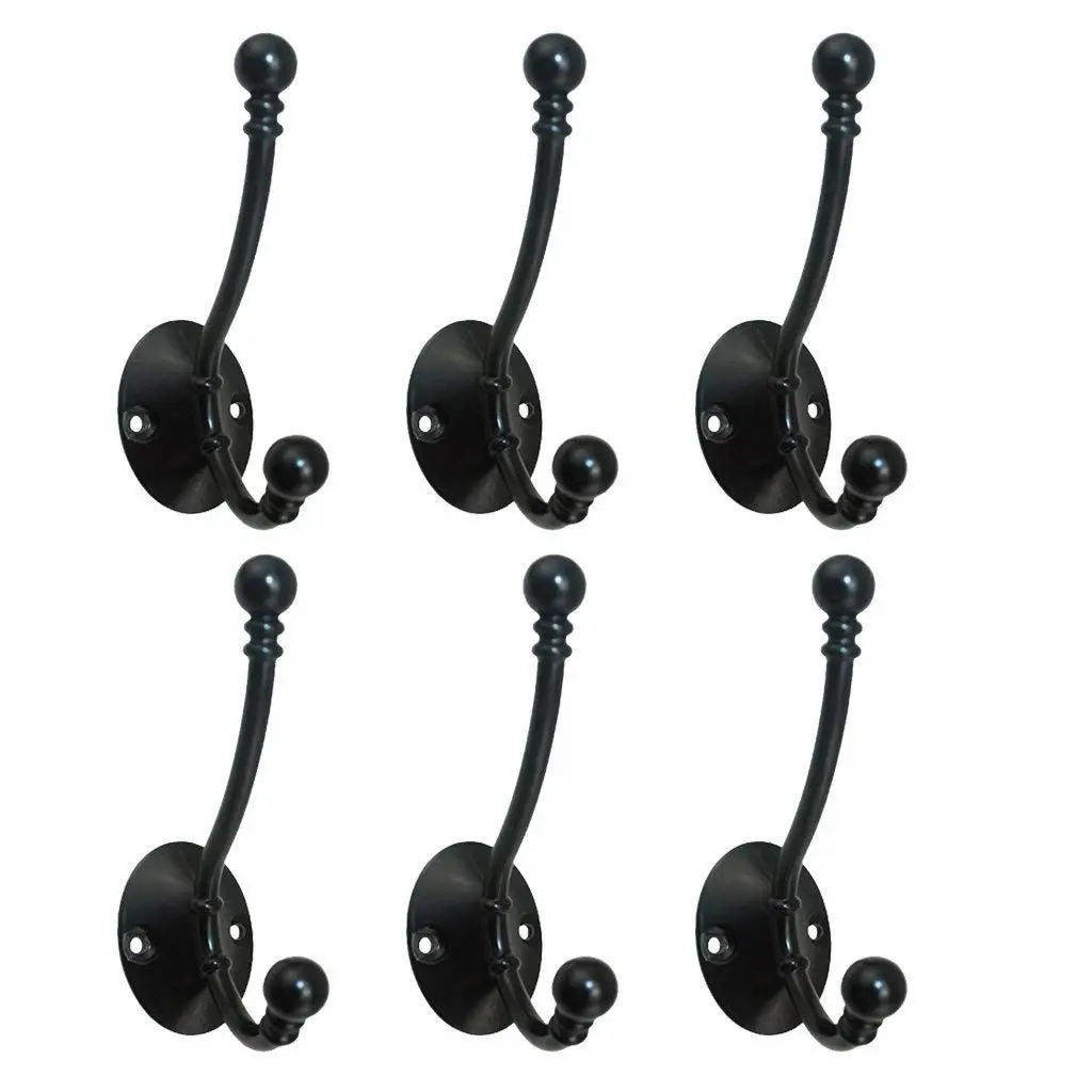 

High Quality 6pcs Double-dots Coat Hook Wall Mount Coat Hat Towel Hook- Black