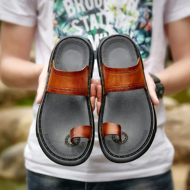 

Mens leather slippers Outdoor 2019 Men Slipper Cool Fashion Men's Slides Summer Man Casual Beach Sandals Flat Flip Flops Brown