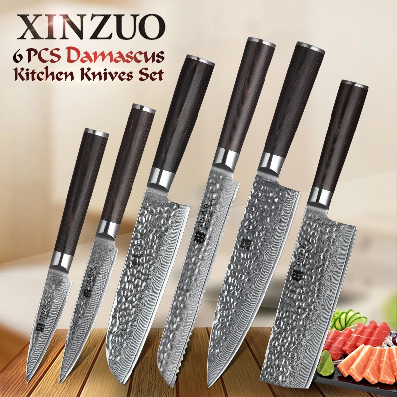  XINZUO 6PCS Kitchen Knives Set High Carbon VG 10 Japanese Damascus Steel Chef Bread Nakiri Santoku  - 32993892303