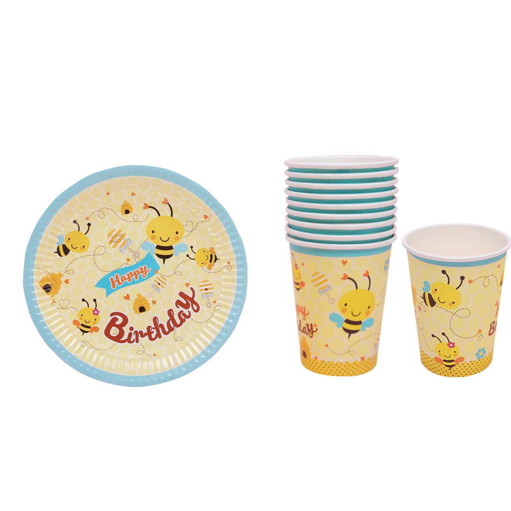 10 Sets Cute Bee Paper Disposable Plates Cups Kids Birthday Party Baby Shower