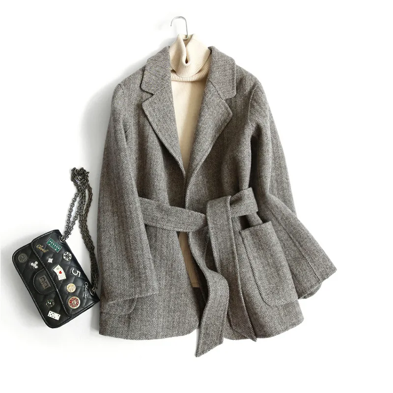 

Winter Warm Women Woolen Coat Pocket Sashes Jacket Belt Overcoat Outwear