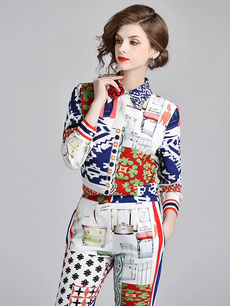 Banulin модный дизайнерский подиумный костюм набор осенний женский длинный рукав блуза цветочный принт винтажные штаны комплект из 2 предметов