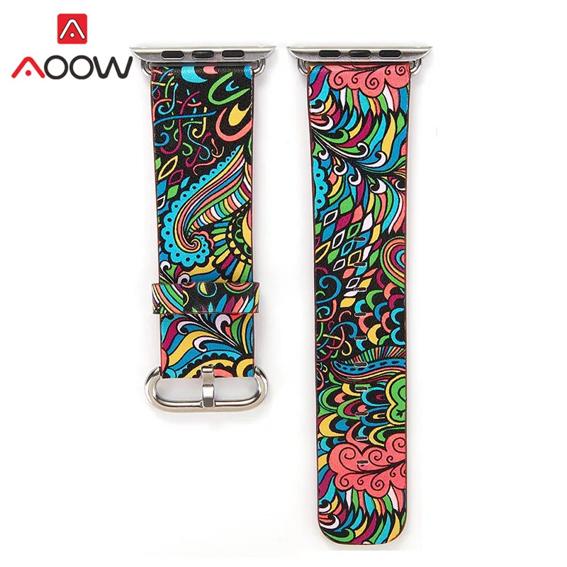 

Leather Watchband for Apple Watch 40mm 44mm 38mm 42mm Folk Style Printing Men Women Replacement Band Strap for iWatch 1 2 3 4