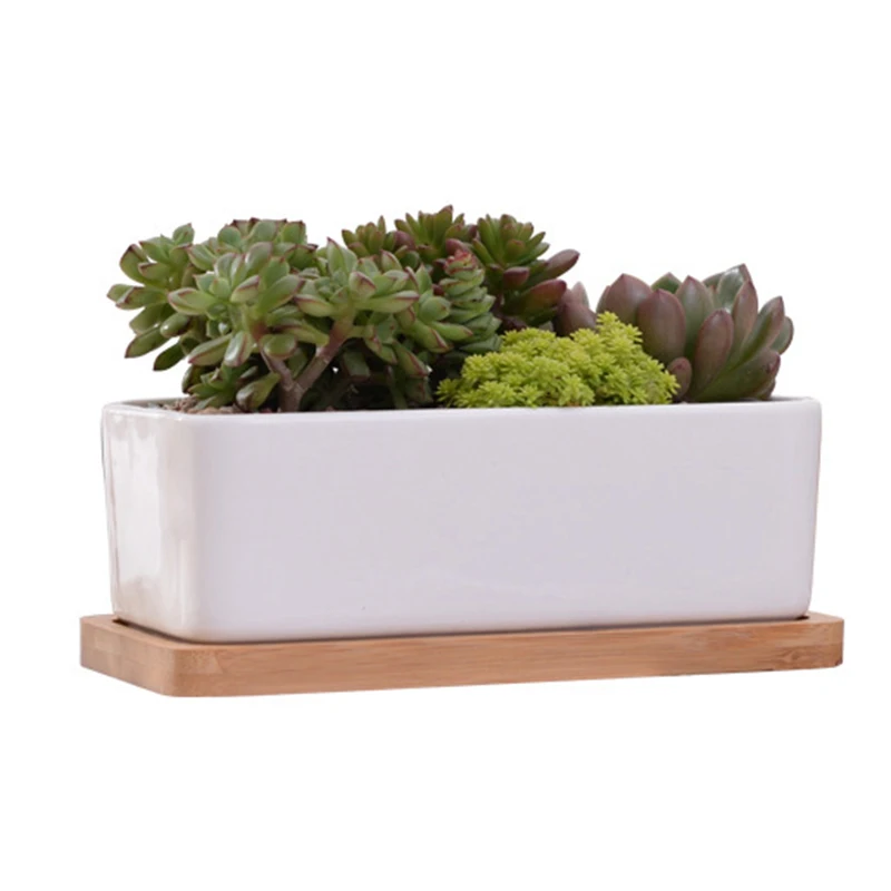 

1 Set Minimalist Rectangle White Ceramic Succulent Plant Pot Porcelain Desktop Flower Pot Home Decor (1 x Pot + 1 x Tray)